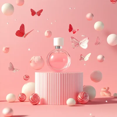 vanilla perfume on a platform with butterflies and candy